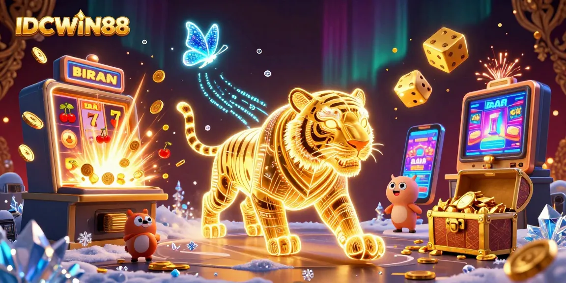 IDCWIN88 showcases a vibrant digital casino scene with a neon tiger and explosive slot machine