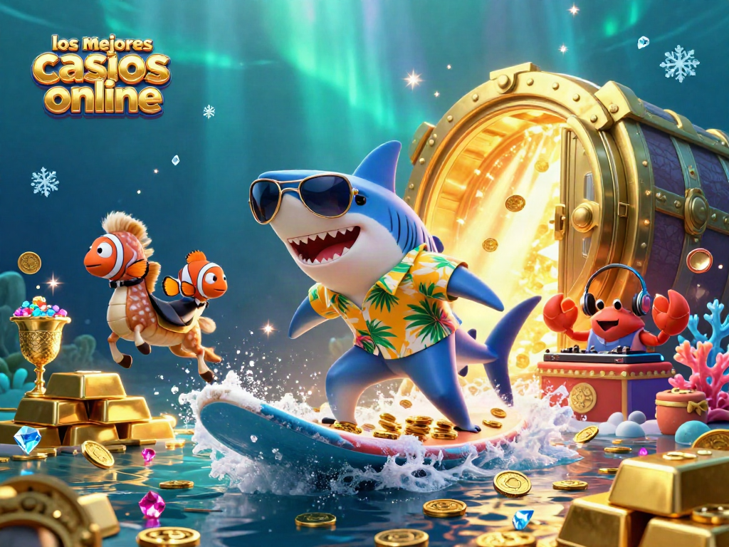Descubre los mejores casinos online con un tiburón surfista y un simpático pez payaso en una escena vibrante.