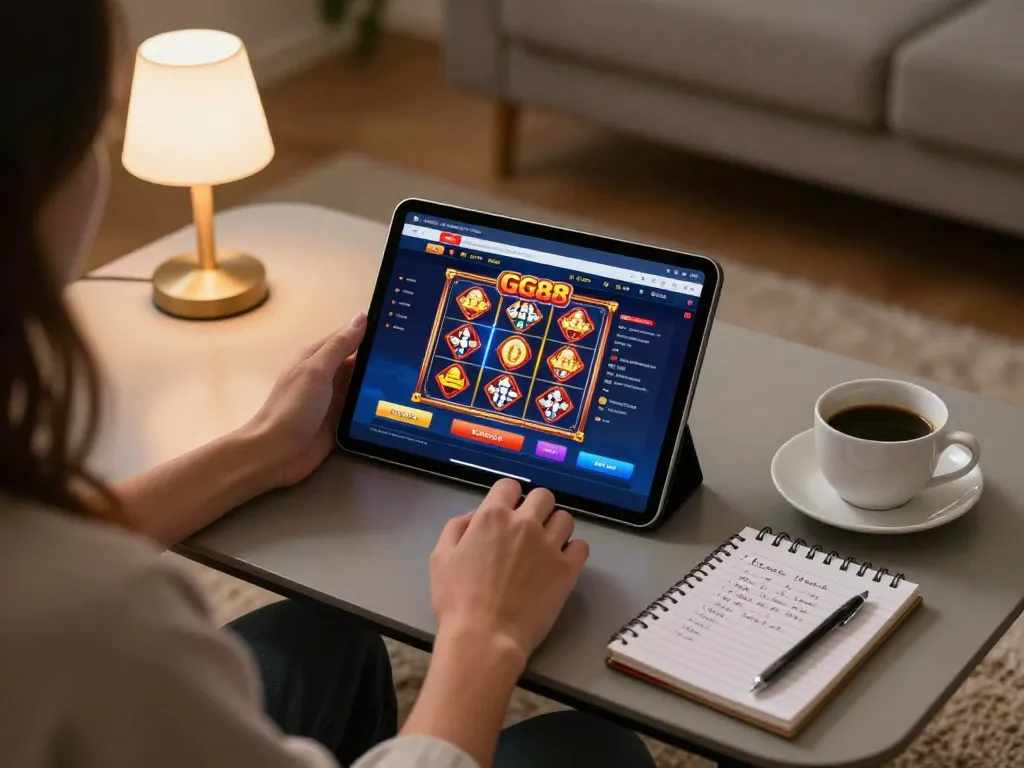 Player engaging with GG88 slot Link on a tablet in a cozy living room.