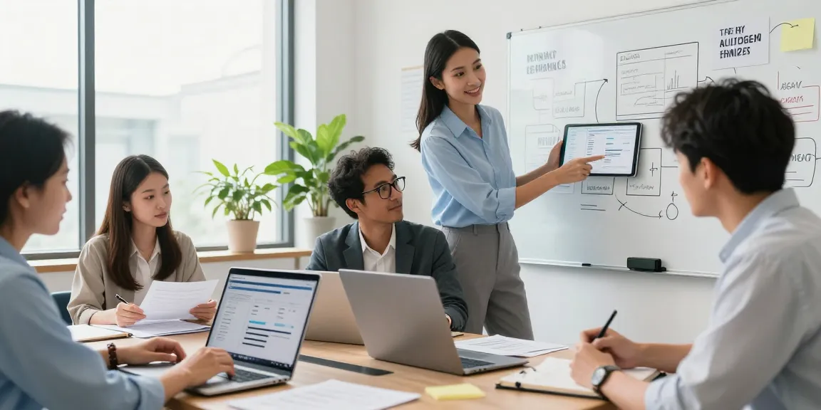 Team members collaborate while applying for merchant cash advance in a modern office.