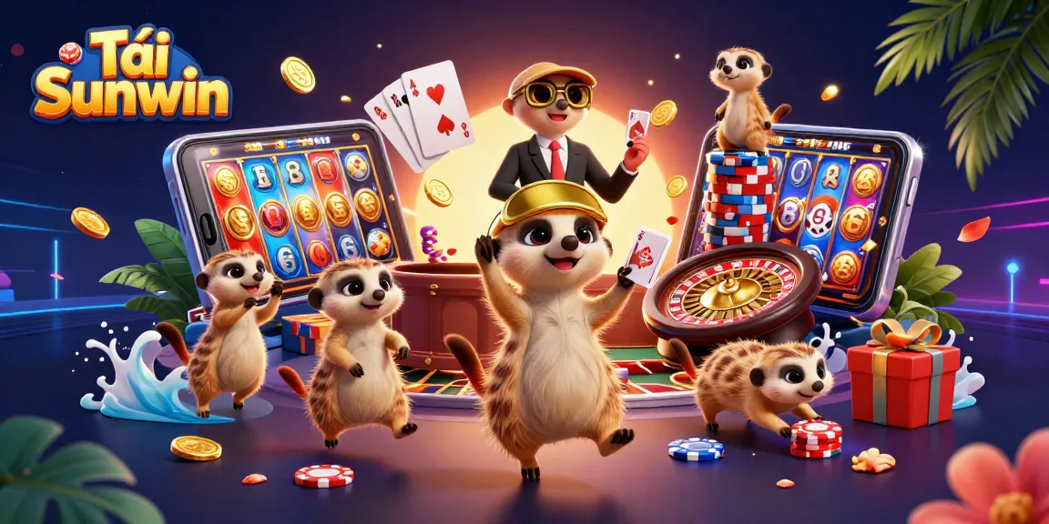 Tải Sunwin with energetic meerkats in a vibrant casino scene filled with games and gold coins