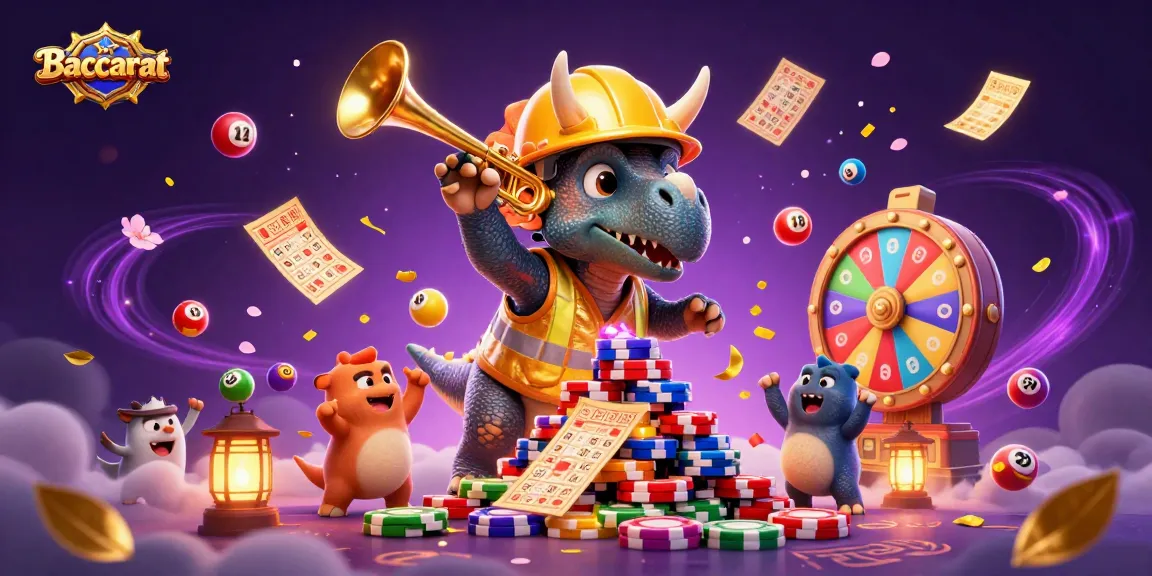 Baccarat players celebrate wins with a triceratops building poker chips and fun elements around them.