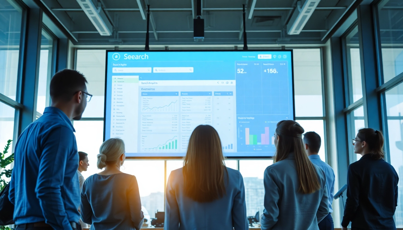 Showcasing an enterprise search engine interface and diverse professionals collaborating in a modern office setting.