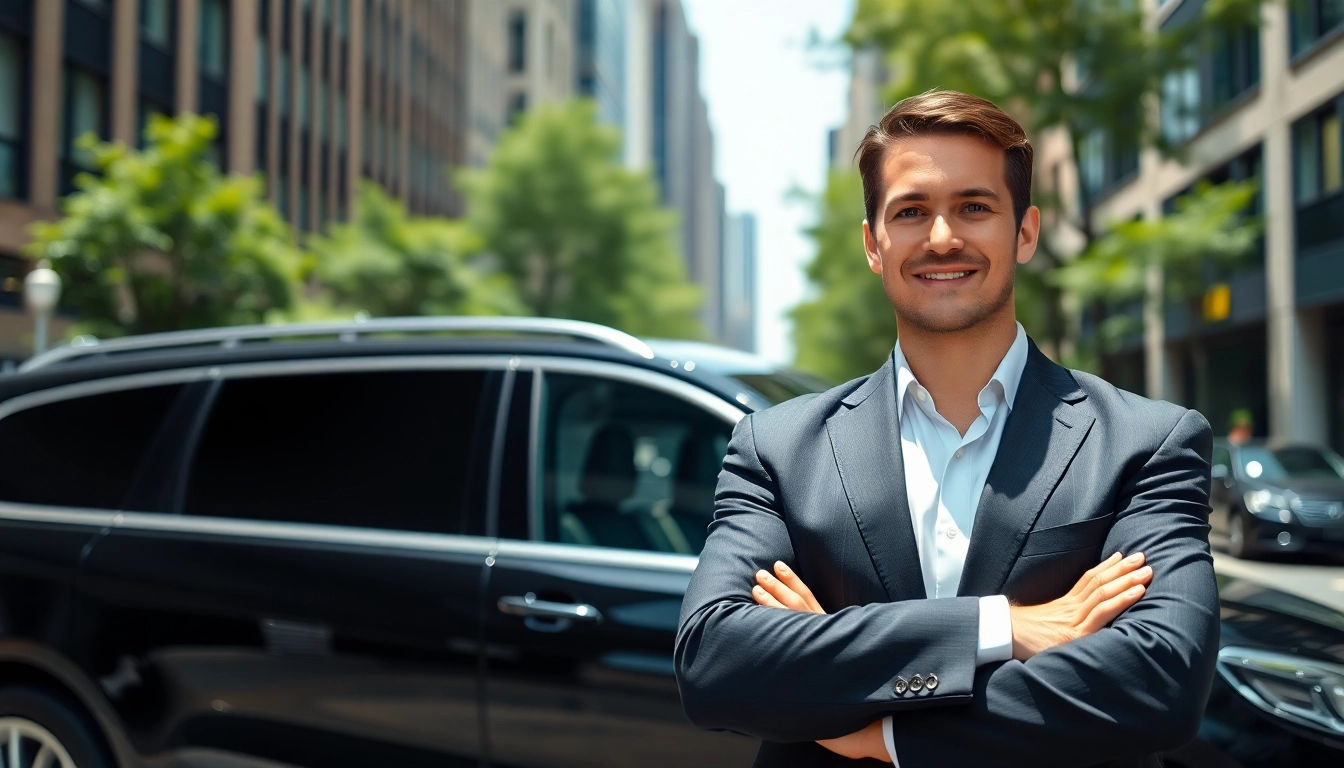 Chauffeur Nottingham standing by a luxury car, exuding professionalism and style.