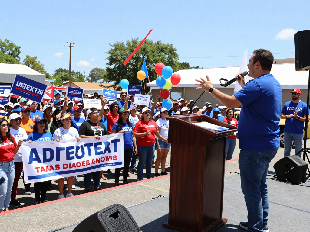 US Senate campaign marketing rally with diverse supporters engaging in political activity.