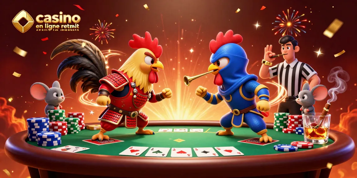 Scène dynamique de coqs en armure à un casino, avec impatient "casino en ligne retrait immédiat"
