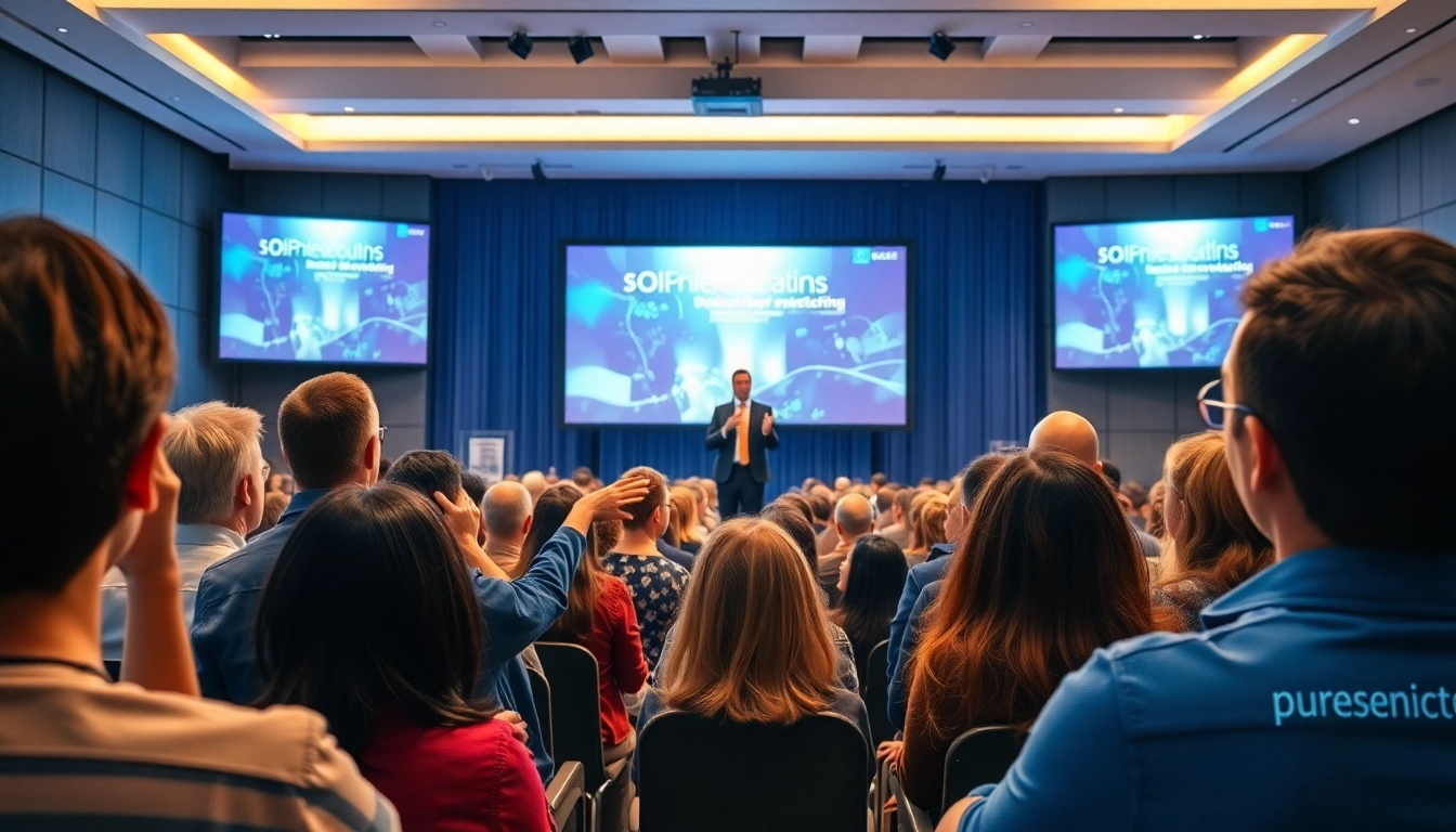 Engaging scene of Presentation Skills Training on stage, inspiring confidence in attendees.