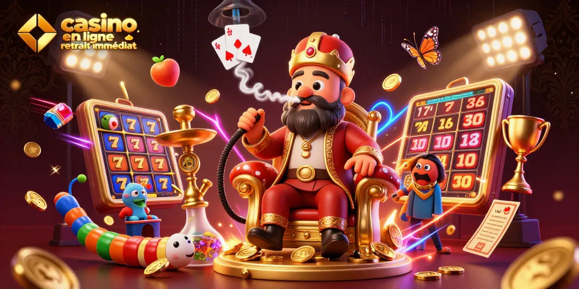 Retrait immédiat dans un casino en ligne illustré avec des éléments de jeux et de l'énergie visuelle