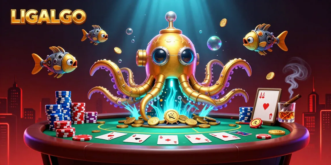 LIGALGO platform showcases thrilling gameplay with a golden kraken submarine in a vibrant casino scene.