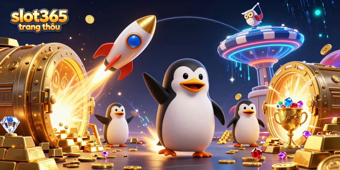 Experience the excitement of slot365 trang chủ with a thrilling cartoon illustration featuring a golden penguin and casino elements.