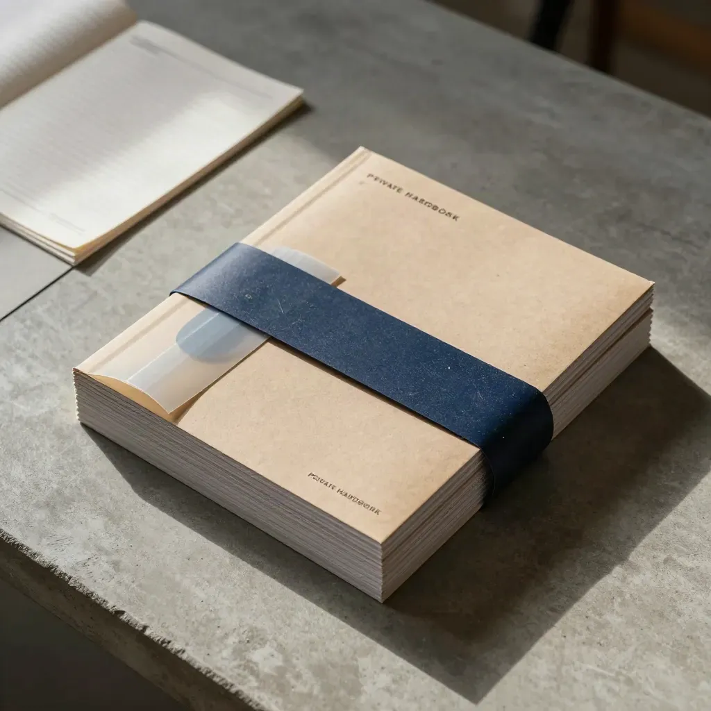 Flat lay of a launch kit stack on concrete with paper dust and a navy band