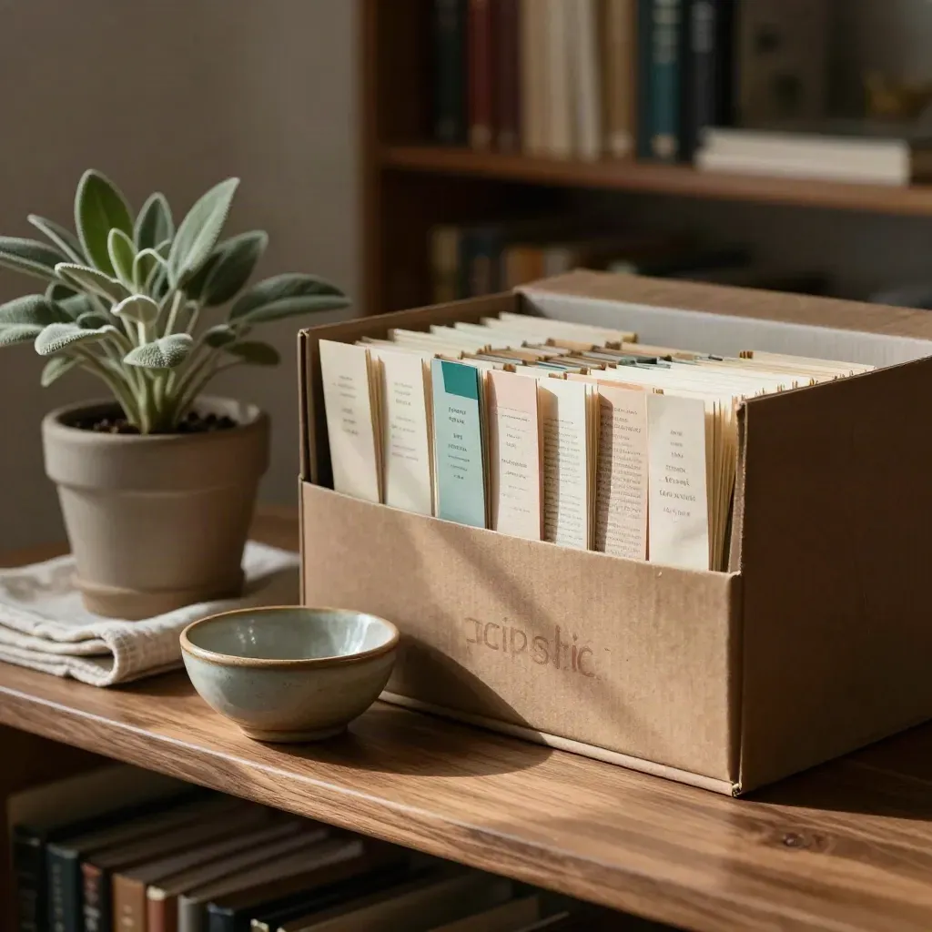 Glossary index box with tabs, plant, cloth and bowl on a walnut shelf in warm window light.