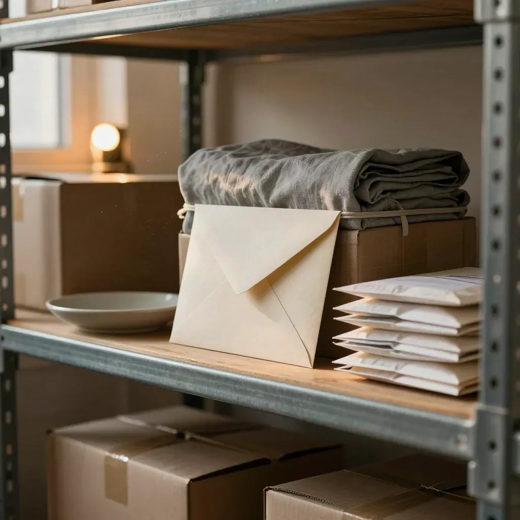 Creator NDA kit on a studio mail shelf beside outgoing parcels in warm afternoon light.