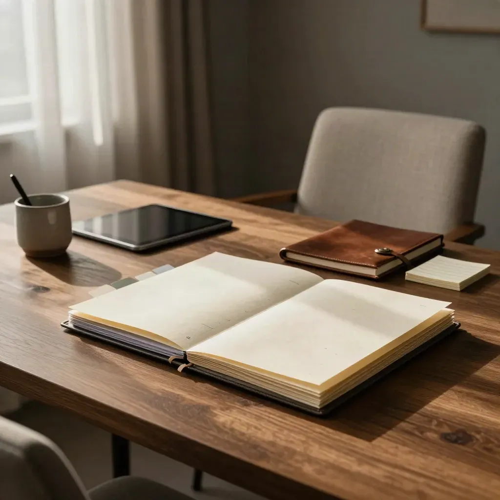 Quiet consultation room with intake folders, asleep tablet, pen cup, and pulled-back chair.