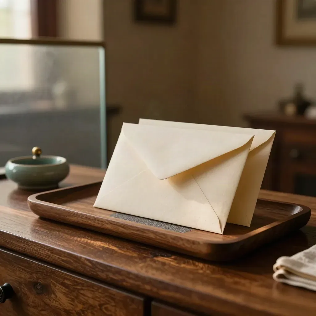 Walnut file tray with clipped NDA packet, blank envelope and linen blotter in warm afternoon light.