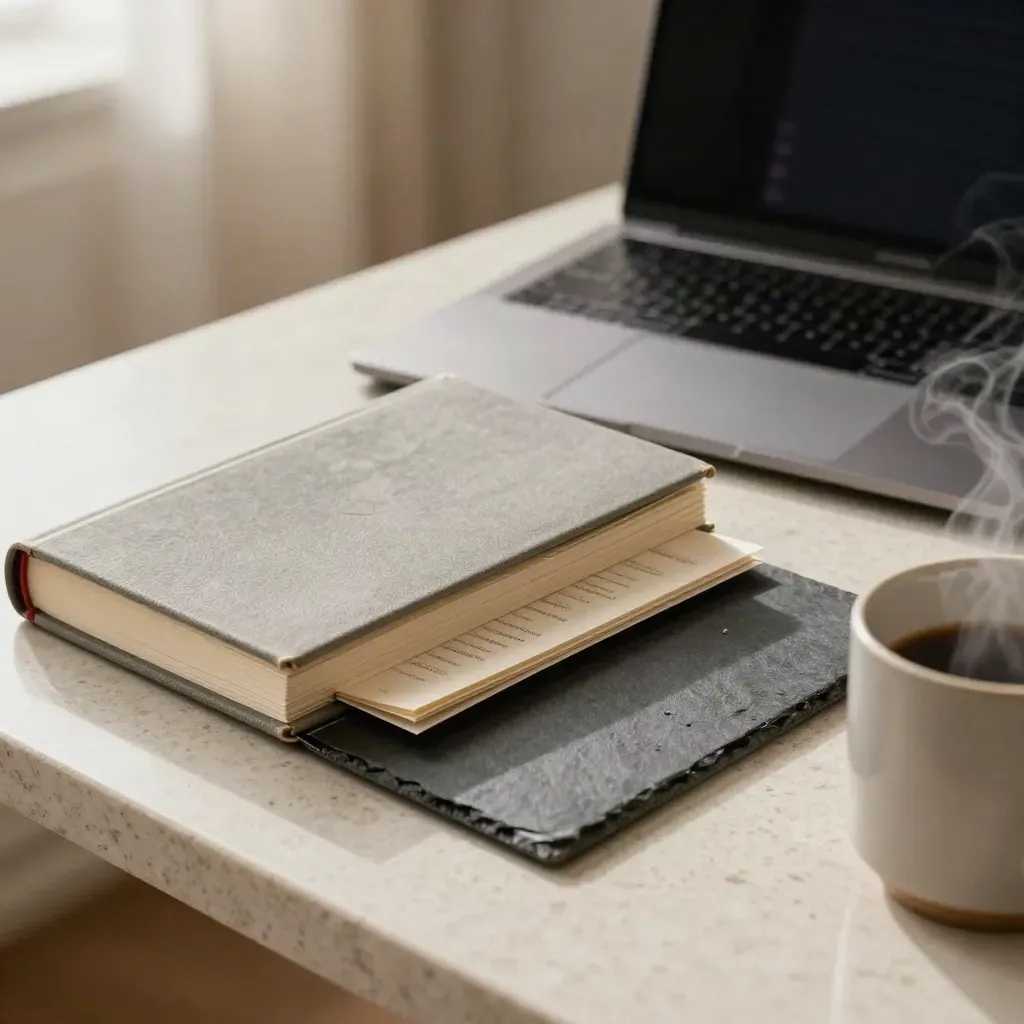Closed handbook, reference cards, sealed folder and turned laptop on a tidy desk with steam and soft glow.