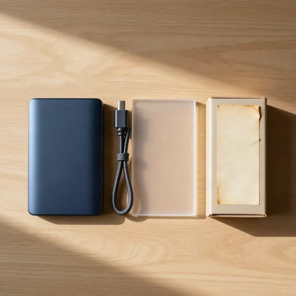Top-down file-sharing setup with an external drive, braided cable, frosted divider, and archive box.