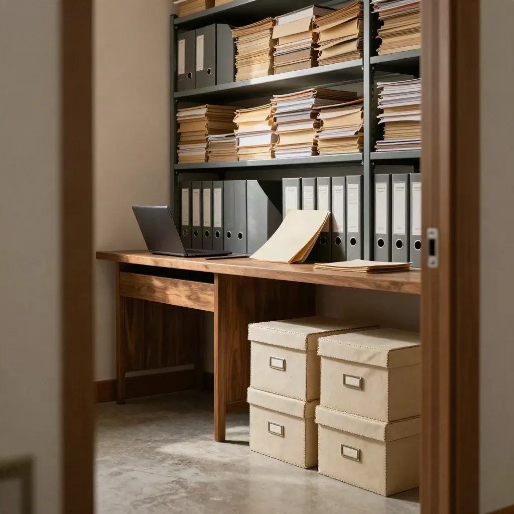 Archive room with folders, laptop, and boxes under soft afternoon light