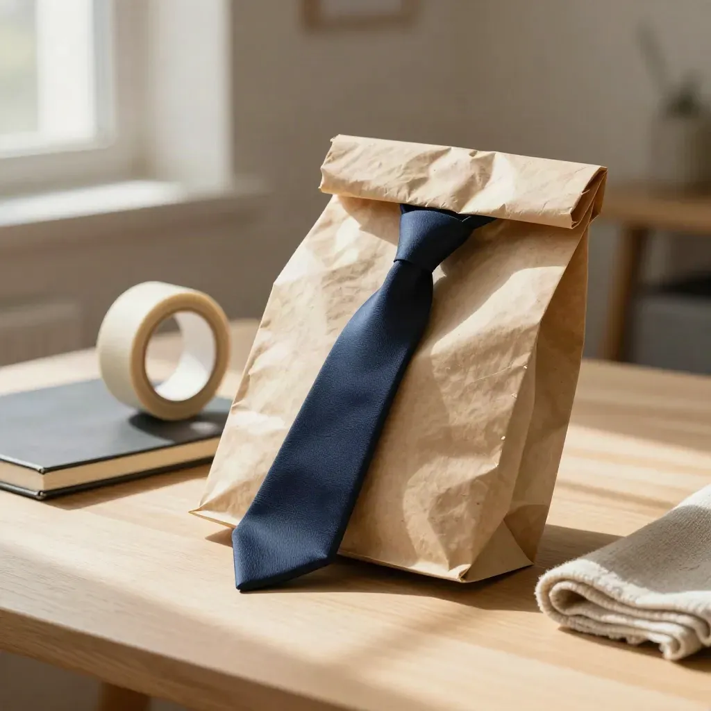 Scope packet, tape roll, notebook, and cloth on a sunlit wood table.