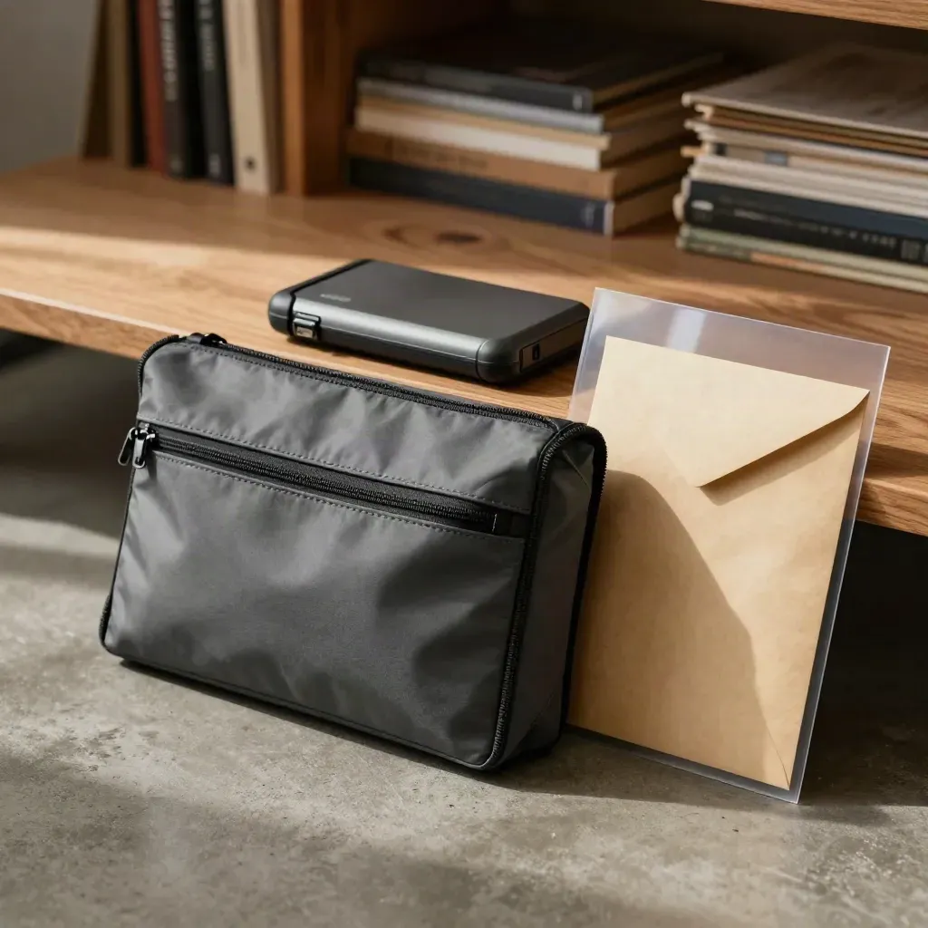 Courier pouch, drive case, and sealed envelope on a low packing bench in warm window light.