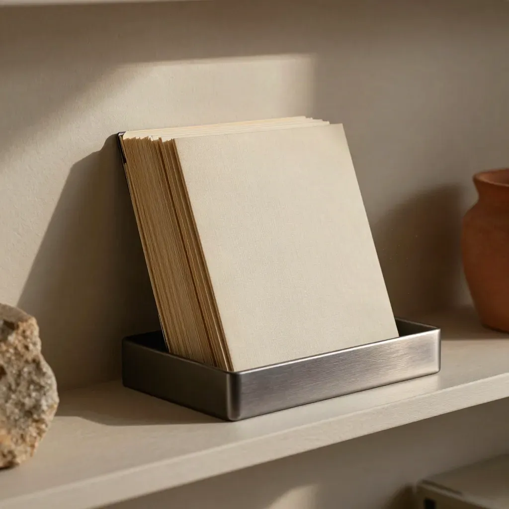 Folded policy cards and dividers drop into a wall tray, with paper dust in soft daylight.