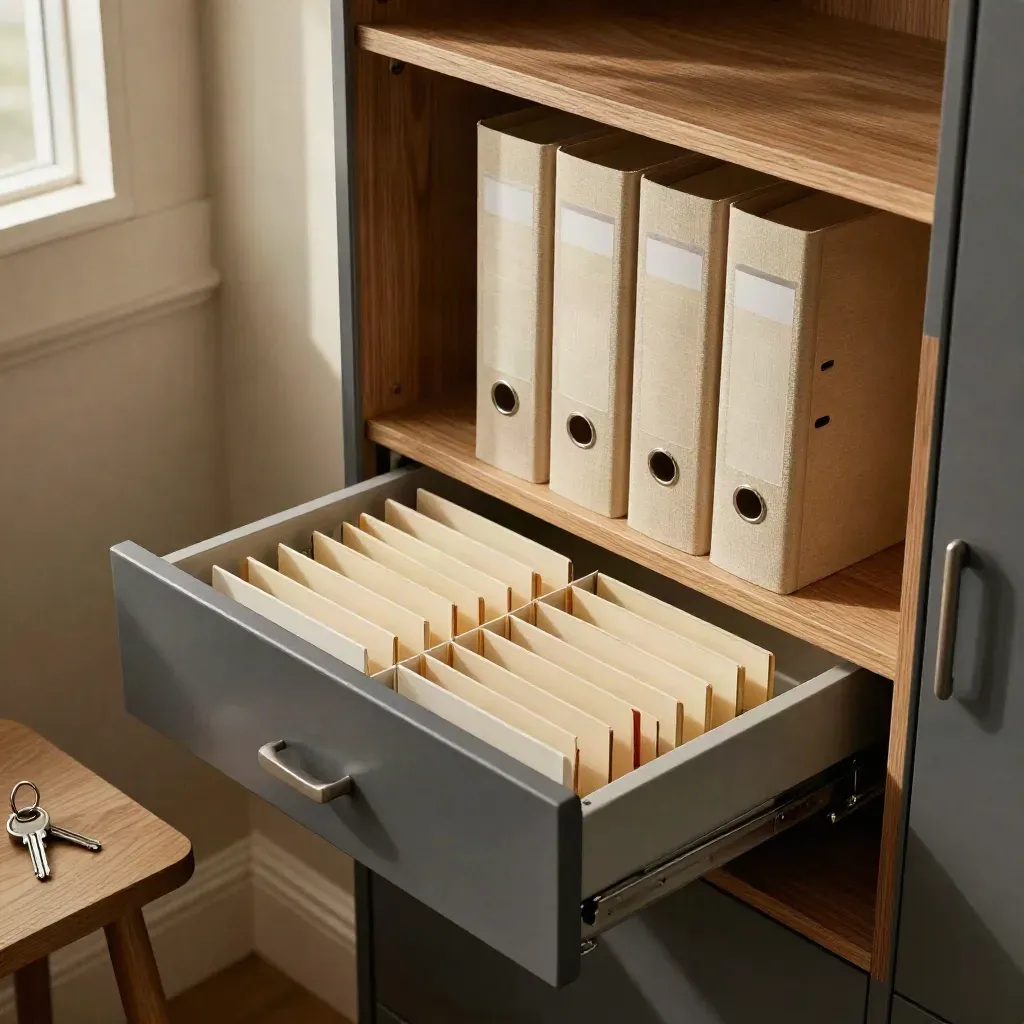 Open glossary drawer with binders and a key tag in a dim archive nook.