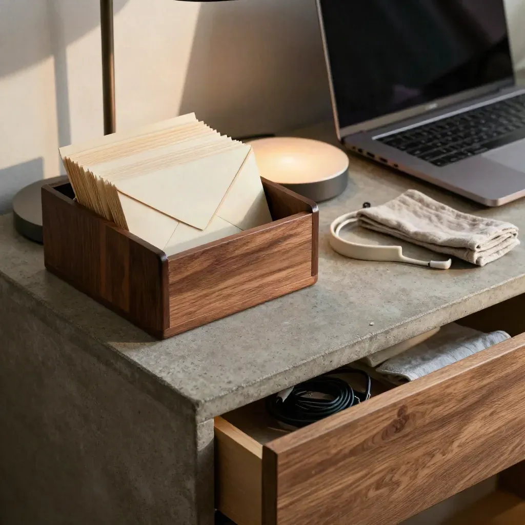 Inside-drawer view of a card holder, closed laptop, router, and tray on a side desk.