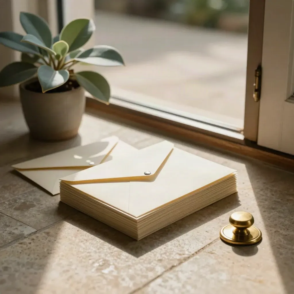 Consent packets, folded envelope, and teal plant by a doorway threshold in warm daylight