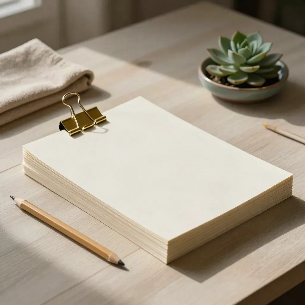 Blank template sheets clipped with brass, pencil stub, wool cloth, and a succulent on pale wood.