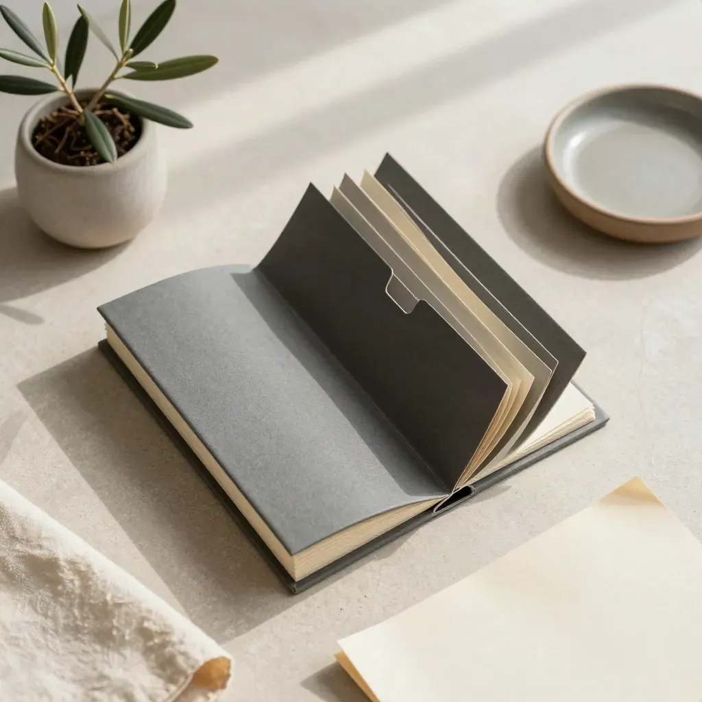 Overhead flatlay of a privacy notes index box with plant, cloth, and ceramic dish