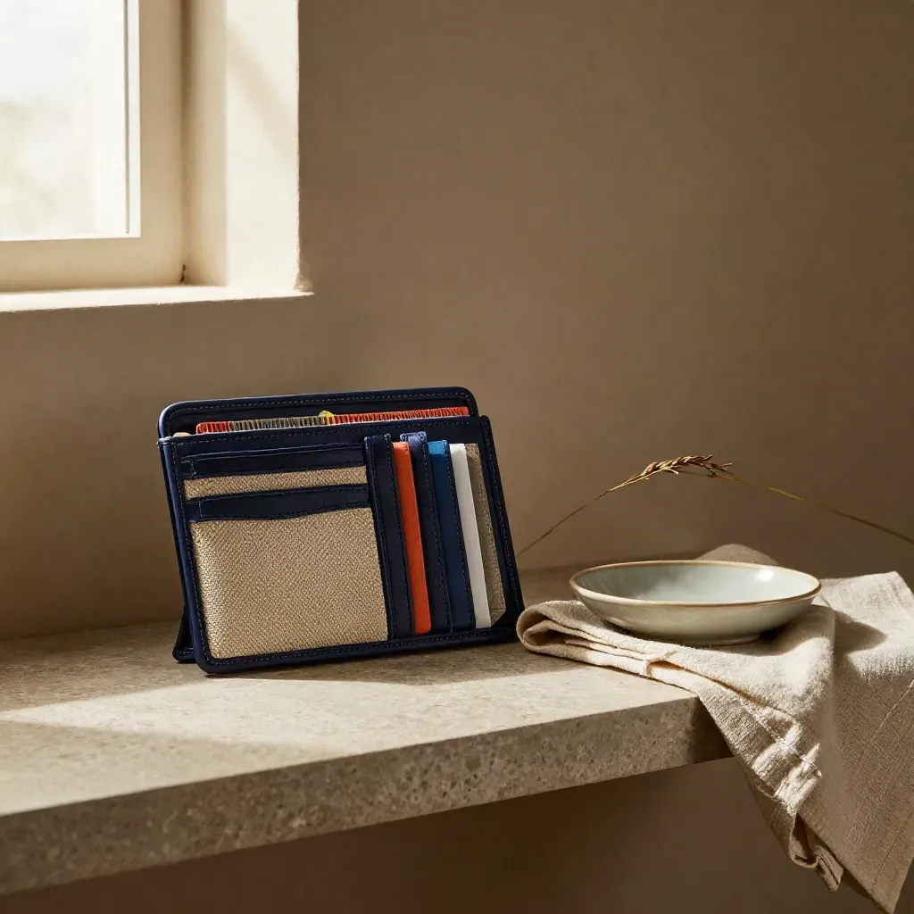 Archive wallet with tabs, ceramic dish, linen cloth, and dried stem on a limestone shelf.
