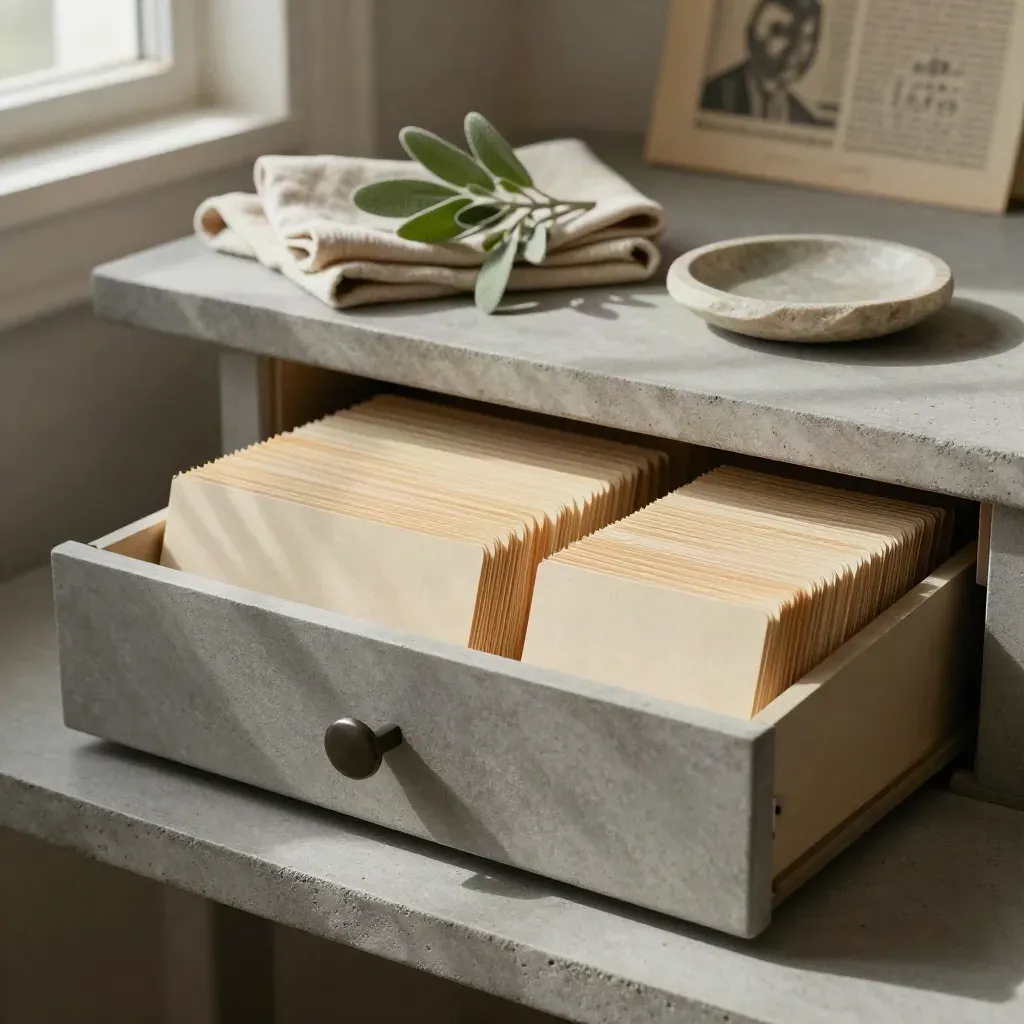 Open glossary drawer with tabs, cloth, small plant and stone dish on concrete