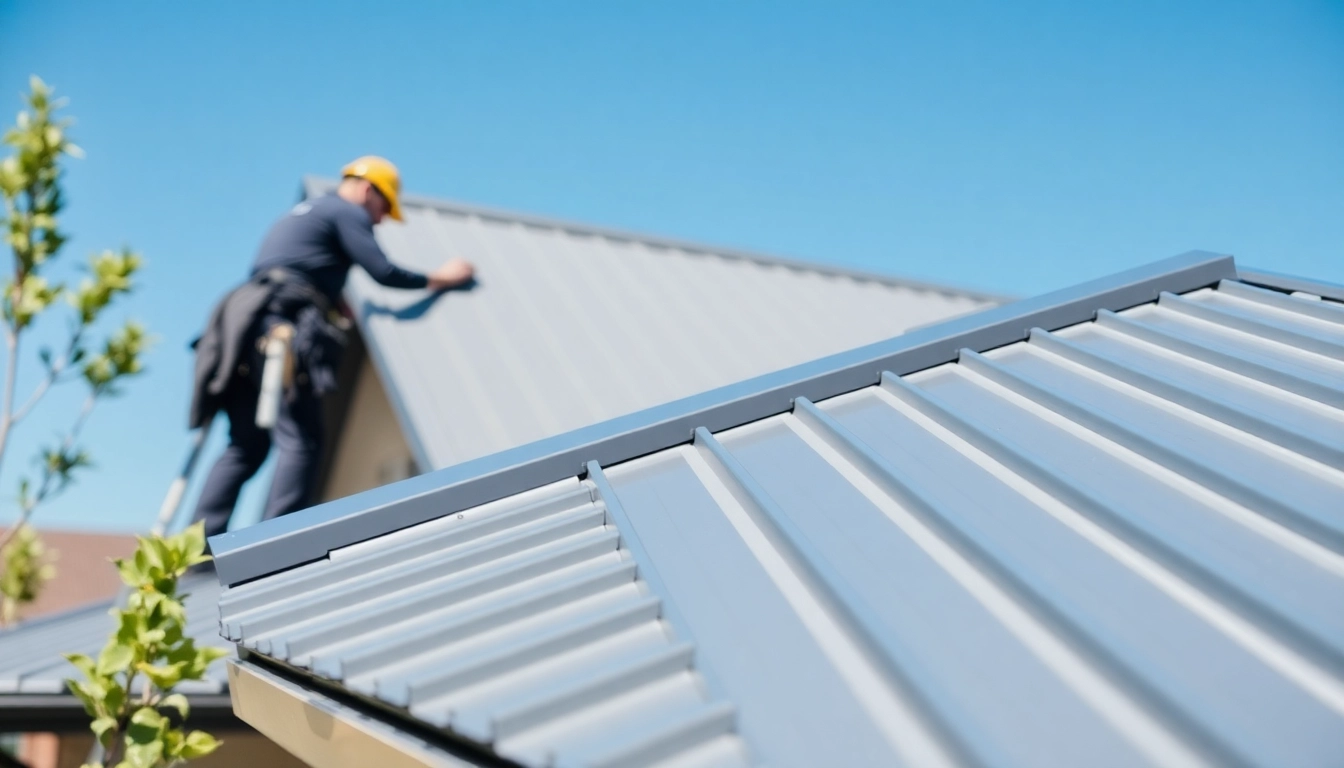 Professionals installing metal roofing calgary on a modern home with clear blue sky.