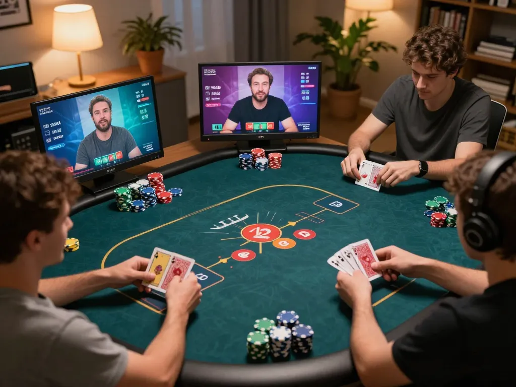 Engaging online poker game showcasing hidden wiki onion strategy in a cozy home setting with multiple players.