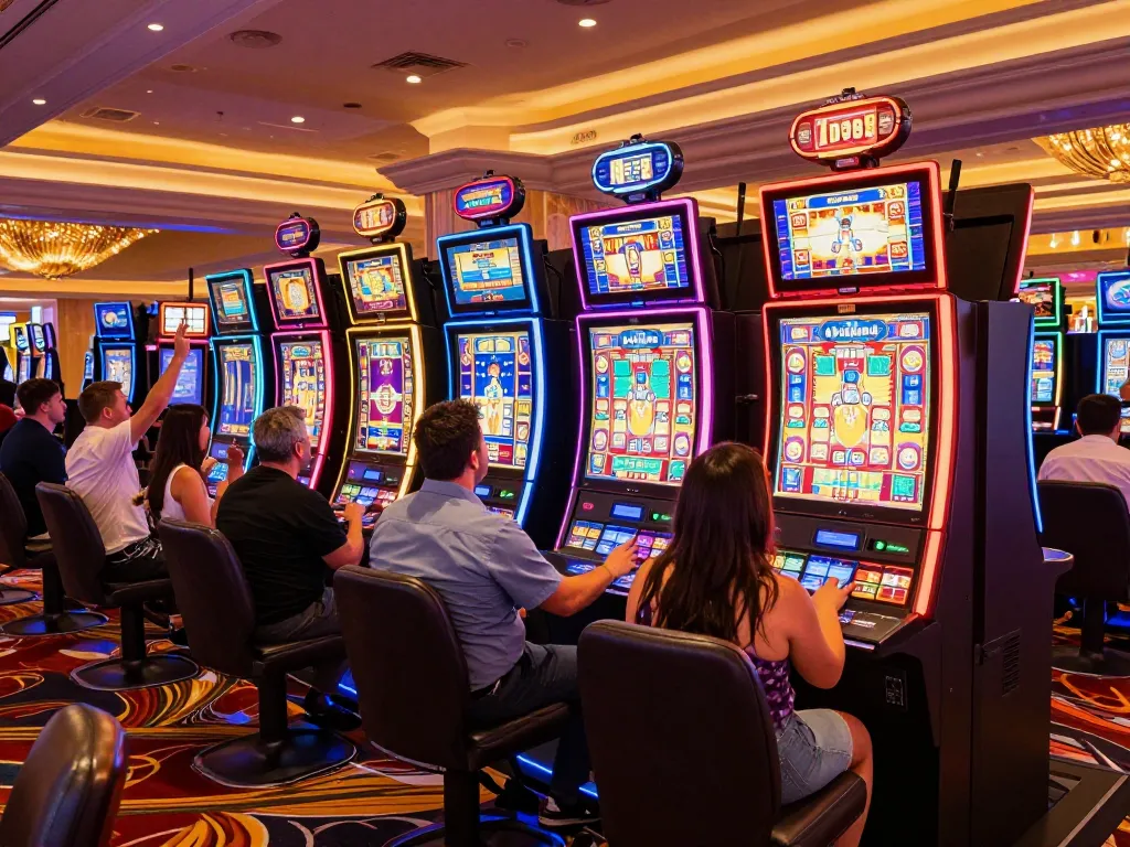 Engaging scene of players enjoying slot 200 machines at a lively Las Vegas casino atmosphere