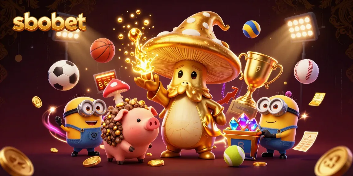 Bet on sbobet with golden mushroom wizard character in an enchanting casino scene.