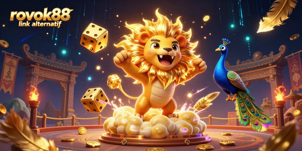 Experience the thrill of rokok88 link alternatif in a vibrant casino scene filled with golden dice and roaring lion.