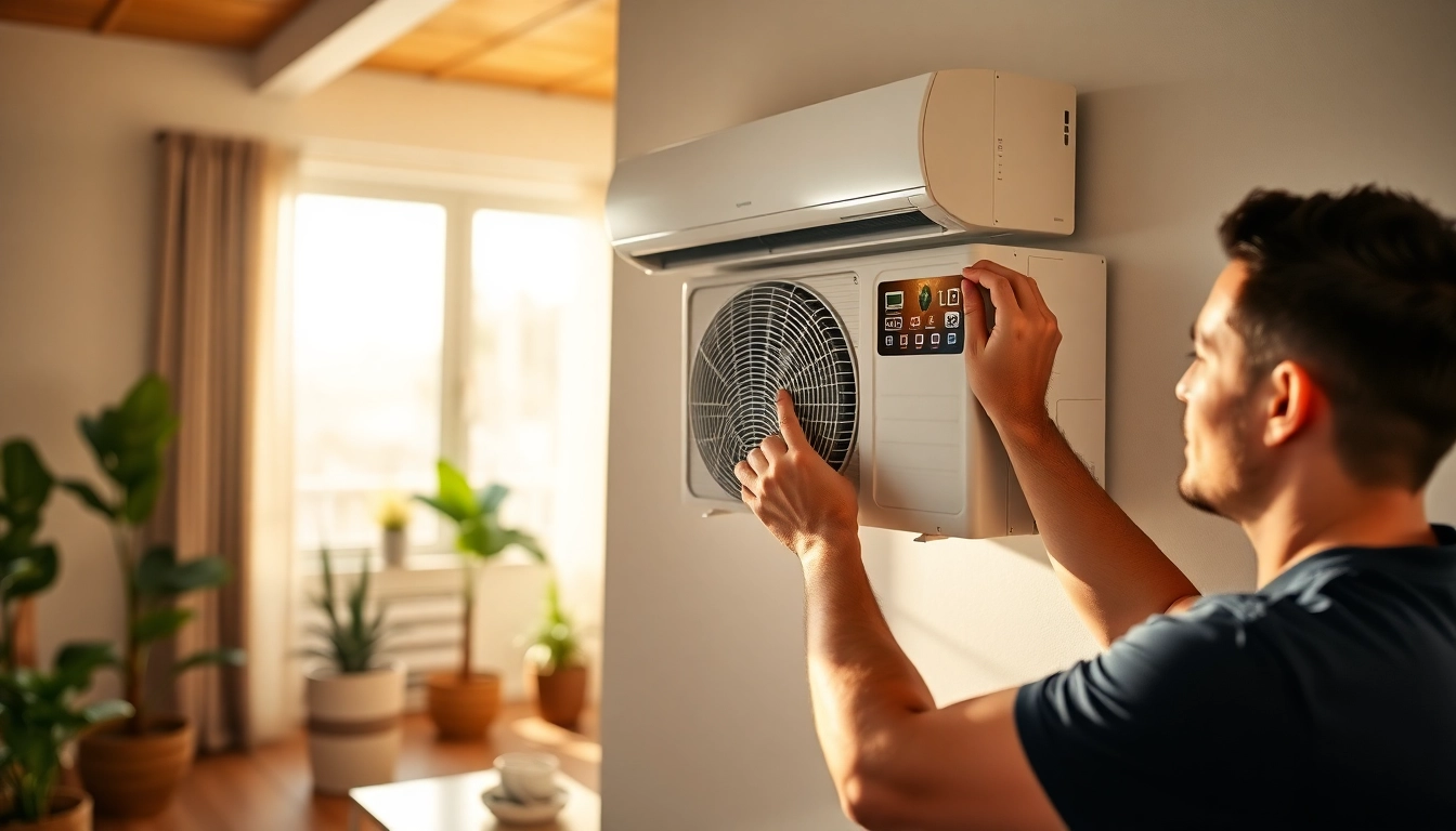 Technician installing a daikin mini split ac in a sunlit living room with modern decor.