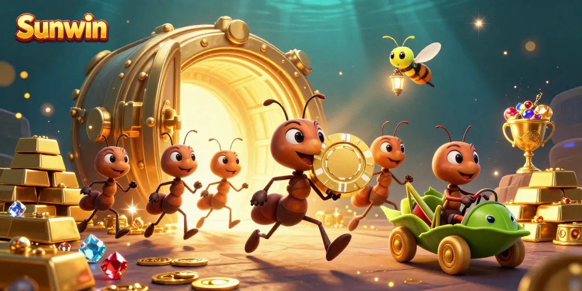 Sunwin features a thrilling heist scene with ants stealing a giant poker chip, surrounded by treasure.