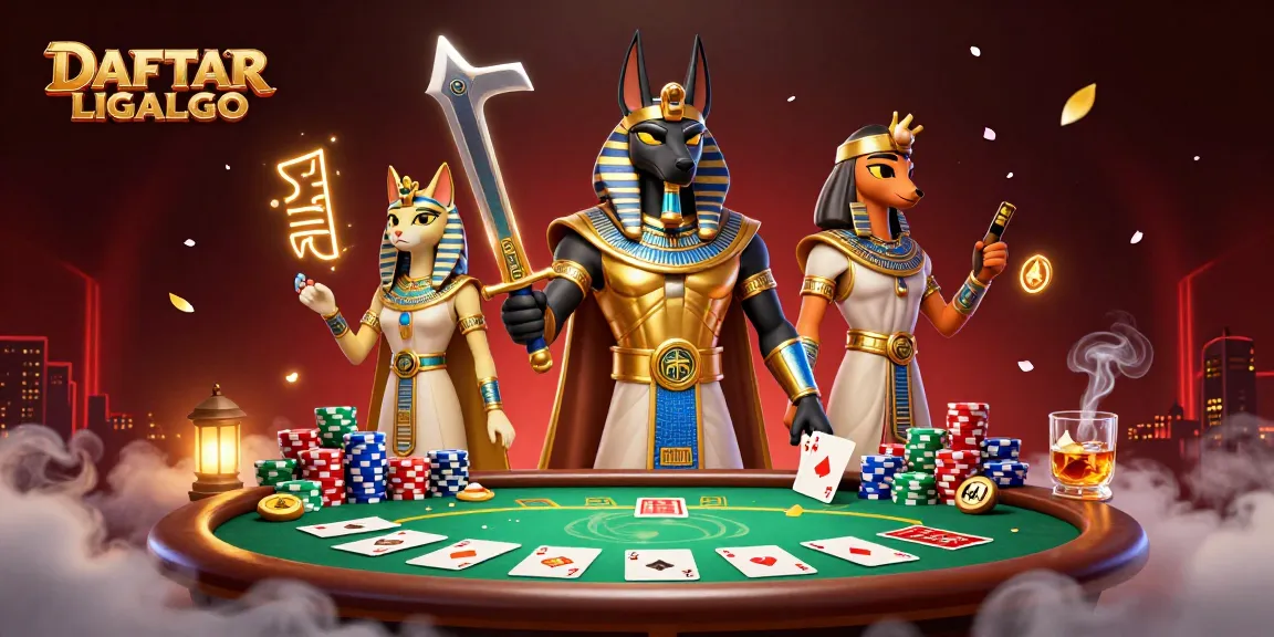 Engage in thrilling action with DAFTAR LIGALGO while playing poker with Anubis in a vibrant casino scene.