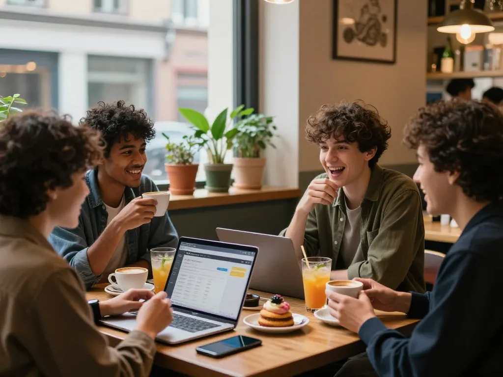 Friends enjoying lively conversation with Spicychat on the table in a cozy cafe.