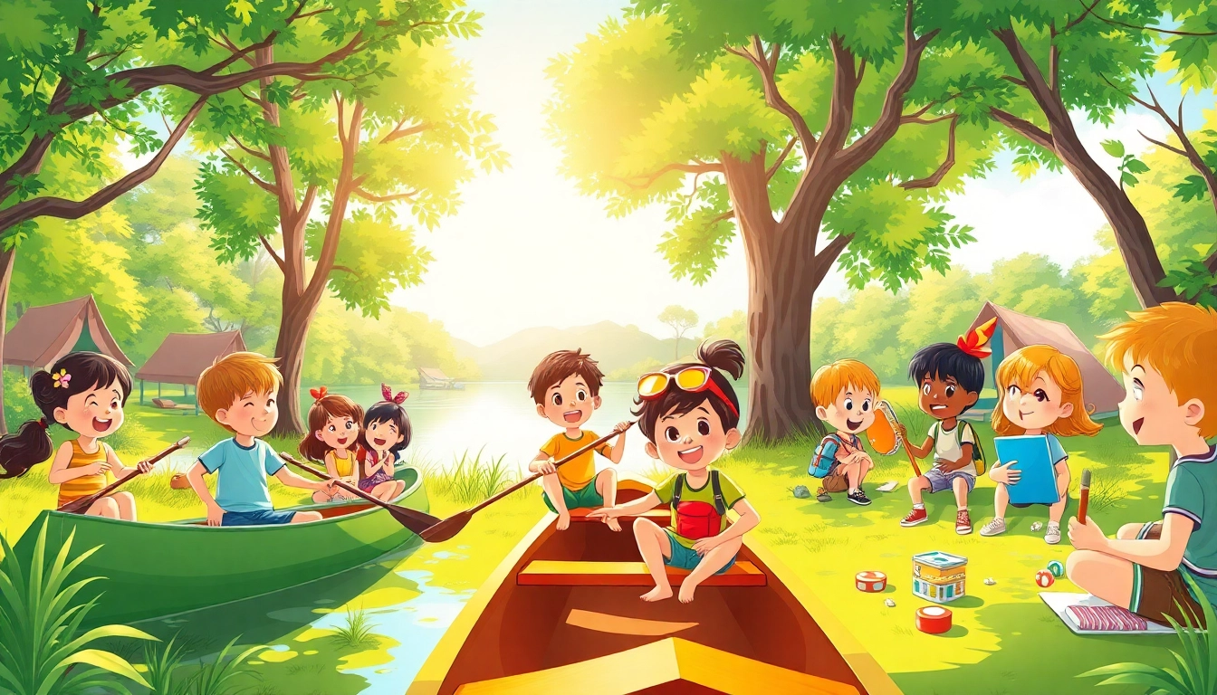 Kids enjoying activities at a summer childrens camp surrounded by nature and laughter.