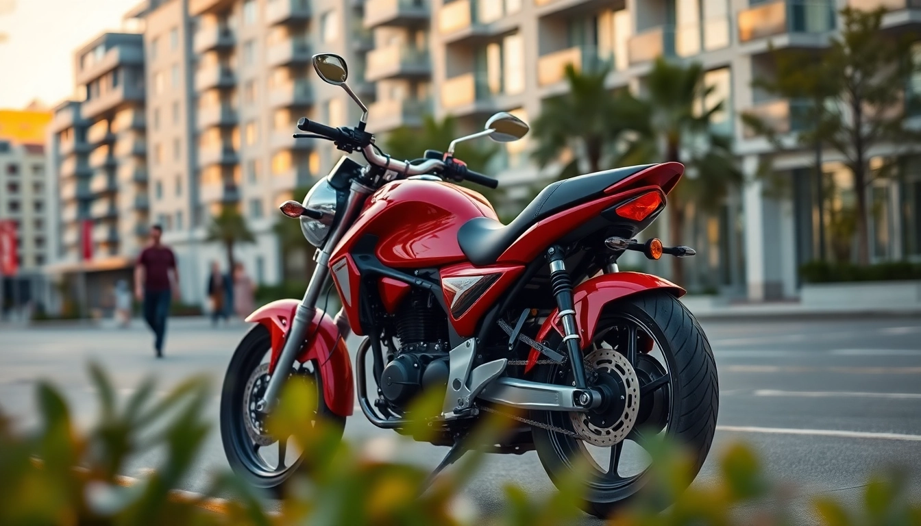 View of affordable street legal motorcycles parked in an urban setting with vibrant colors.