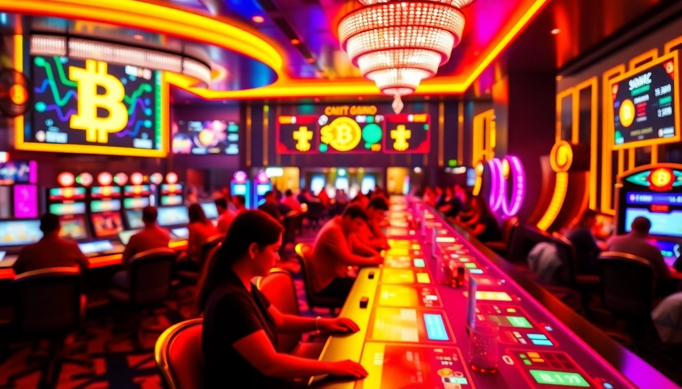 Experience the thrill of a bitcoin casino with lively players at gaming tables amid colorful neon lights.