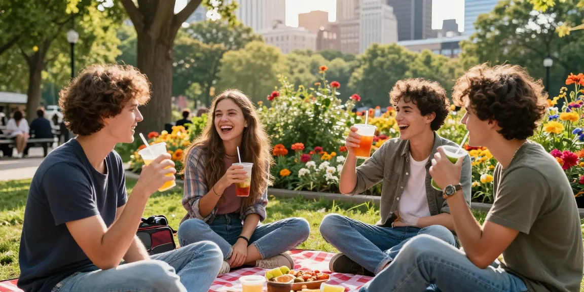 Young adults enjoying a casual park gathering, discussing crush on someone with laughter and vibrant drinks.
