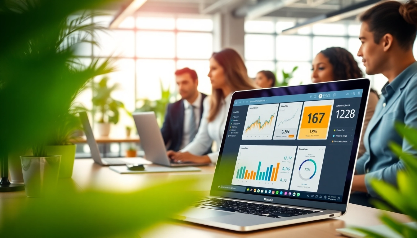 Employees efficiently using enterprise assistant software in a modern collaborative workspace.