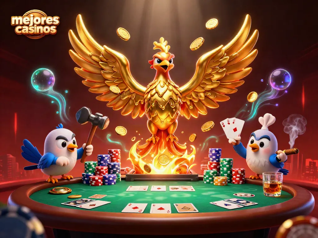Ilustra los mejores casinos con un fénix dorado, fichas y cartas en acción.