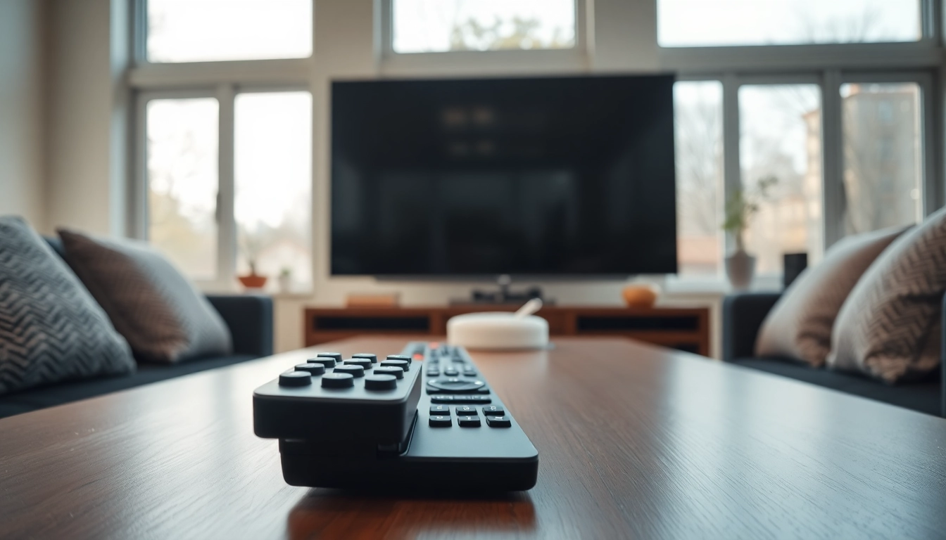 Verwendung der Telefunken Fernbedienung D55 auf einem modernen Tisch im Wohnzimmer
