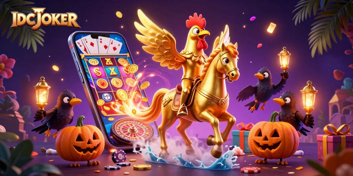 IDCJOKER showcases thrilling casino action with a golden rooster and pumpkin-headed crows in a vibrant scene.