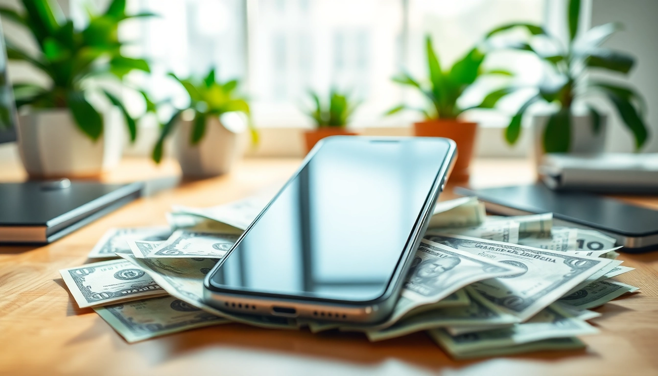 Cash for your phone - exchange concept with a smartphone and cash notes in focus.